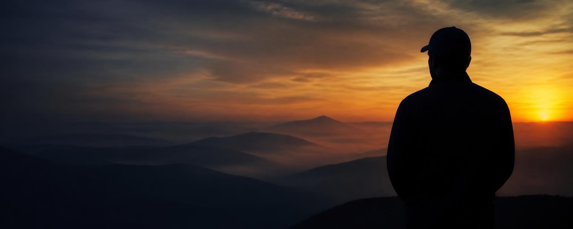 A person looking toward a bright mountain horizon