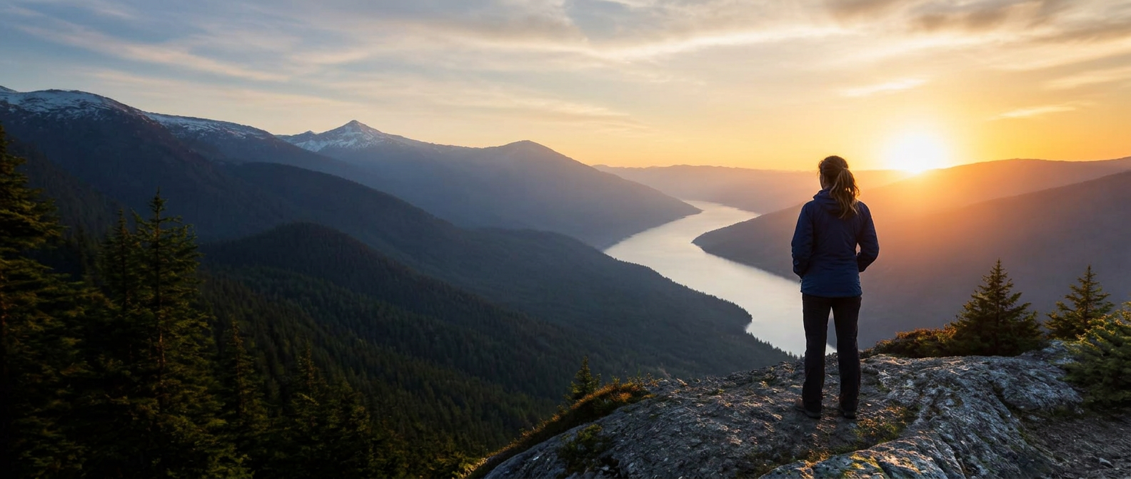 A leader looking across a mountain valley at sunrise